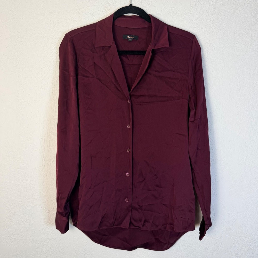 Quince Womens M Washable Stretch Silk Notch Collar Blouse Wine Tasting Burgundy